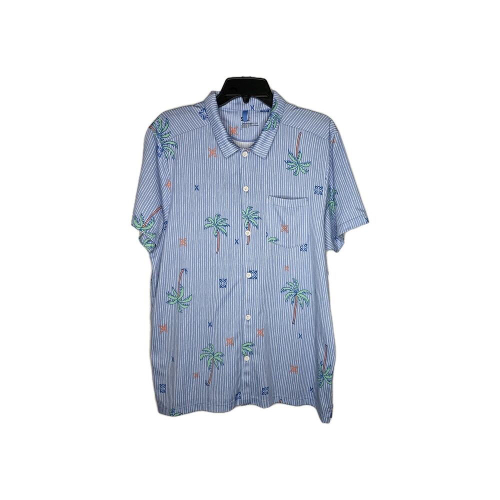 SAXX Mens Large Droptemp Dry Relaxed Fit Camp Shirt Blue Stripe Palm Tree